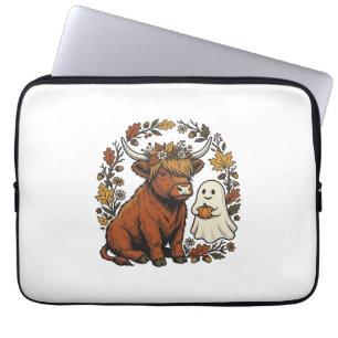 Autumn Highland Cow Ghost Vintage Engraving Shirt Laptop Sleeve