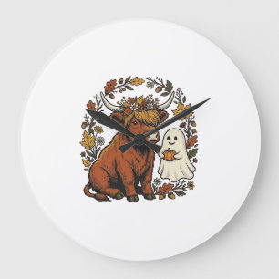 Autumn Highland Cow Ghost Vintage Engraving Shirt Large Clock