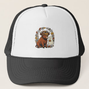 Autumn Highland Cow Ghost Vintage Engraving Shirt Trucker Hat