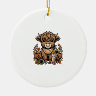 Autumn Highland Cow Vintage Fall Farmhouse Art Ceramic Tree Decoration