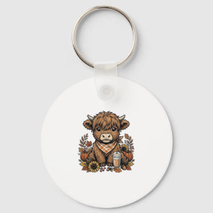 Autumn Highland Cow Vintage Fall Farmhouse Art Key Ring