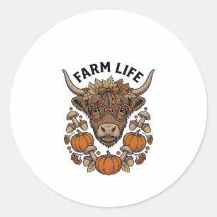 Autumn Highland Cow With Heart Glasses Classic Round Sticker