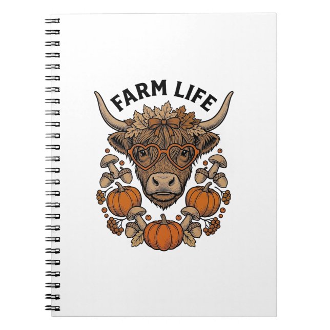 Autumn Highland Cow With Heart Glasses Notebook (Front)