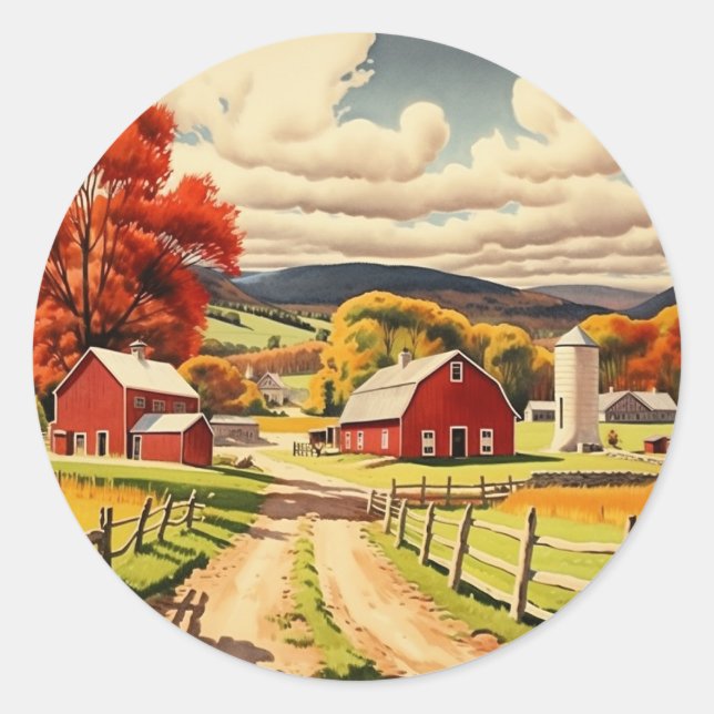 Autumn Homestead Illustration Classic Round Sticker (Front)