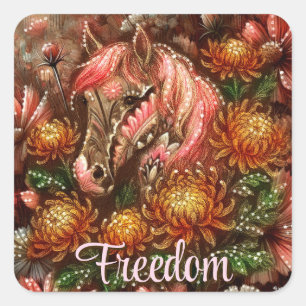 Autumn Horse Floral Chrysanthemums Personalized Square Sticker