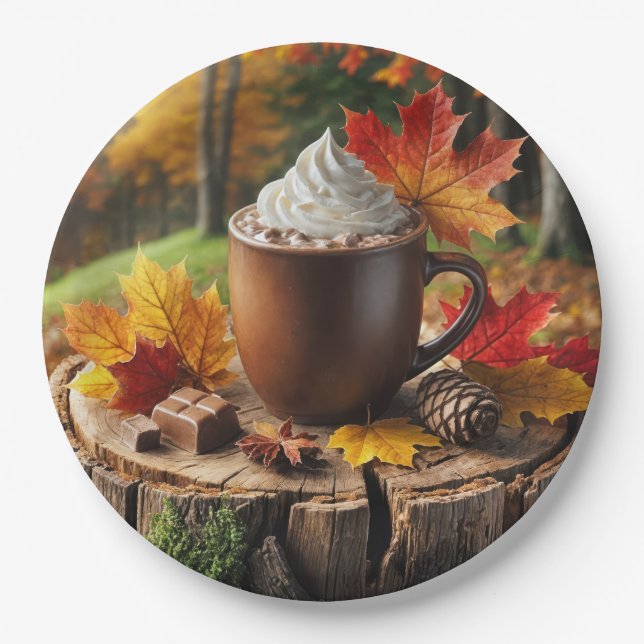 Autumn Hot Chocolate On Tree Stump Paper Plate (Front)