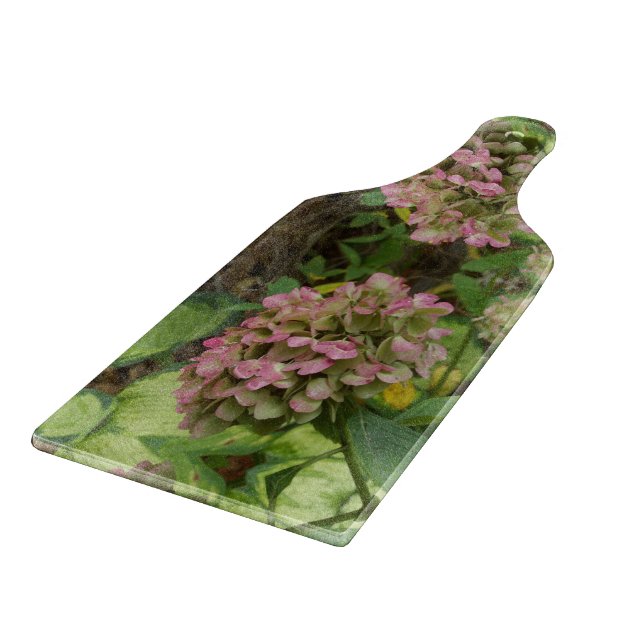 Autumn Hydrangea Bloom with Golden Hosta Leaves Cutting Board (Corner)