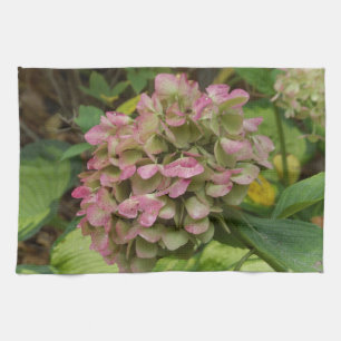 Autumn Hydrangea Bloom with Golden Hosta Leaves Tea Towel