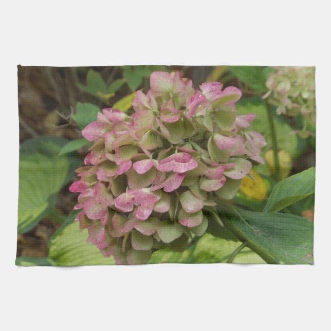 Autumn Hydrangea Bloom with Golden Hosta Leaves Tea Towel (Horizontal)