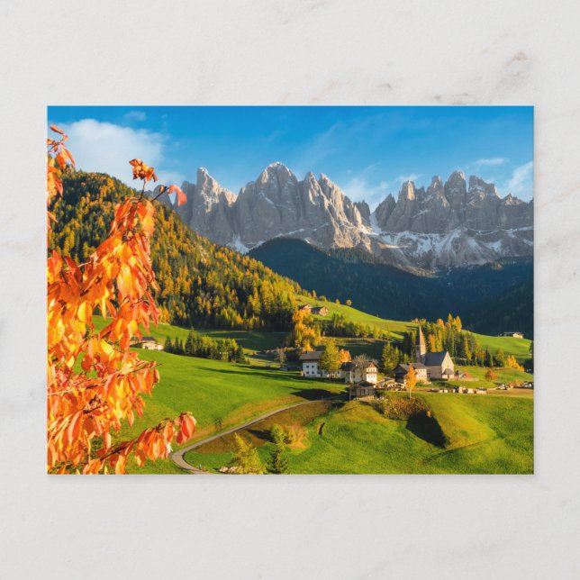 Autumn in a Dolomites landscape with church Postcard (Front)