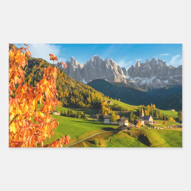 Autumn in a Dolomites landscape with church Rectangular Sticker (Front)