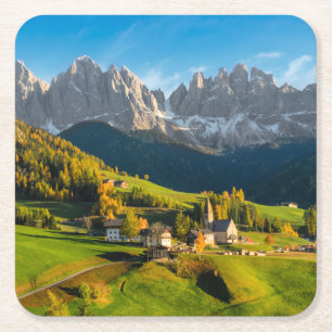 Autumn in a Dolomites landscape with church Square Paper Coaster