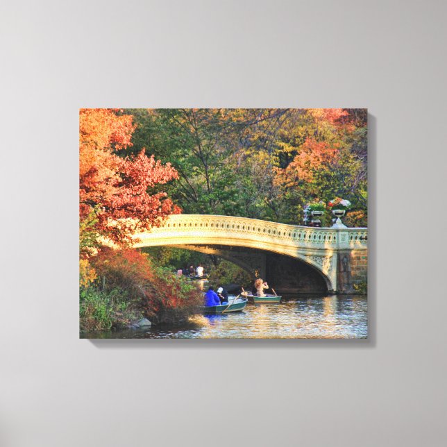 Autumn in Central Park: Boaters by Bow Bridge  #01 Canvas Print (Front)