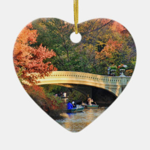 Autumn in Central Park: Boaters by Bow Bridge  #01 Ceramic Tree Decoration