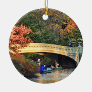 Autumn in Central Park: Boaters by Bow Bridge  #01 Ceramic Tree Decoration