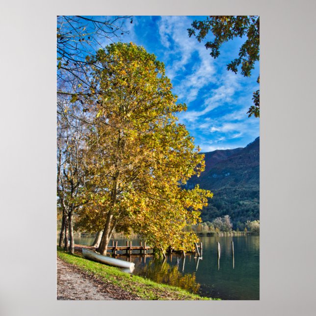 Autumn in Italy with tree and boat by the lake Poster (Front)