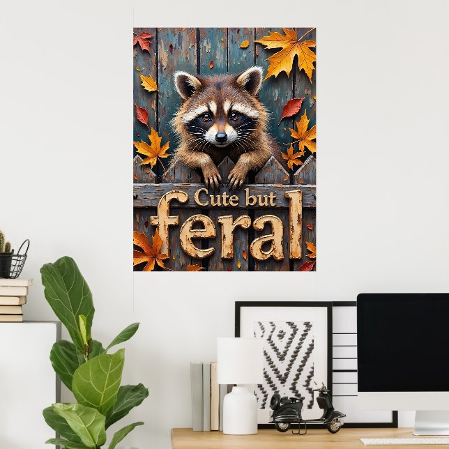 Autumn Intruder: Racoon on the Picket Fence Poster (Home Office)