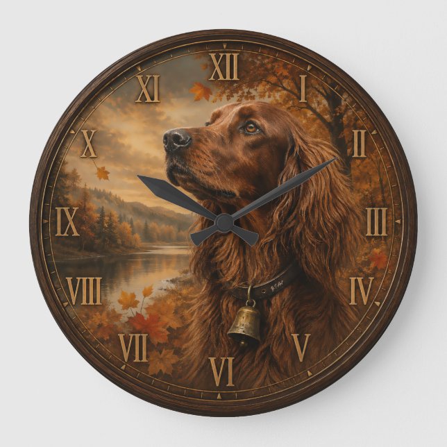 Autumn Irish Setter  – Rustic Hunting Dog Art Large Clock (Front)