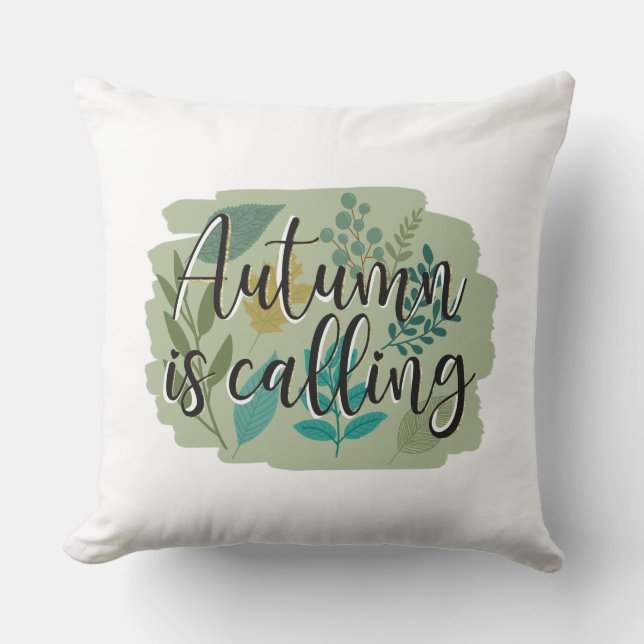 Autumn Is Calling –Fall Leaves on a Green Backdrop Cushion (Front)
