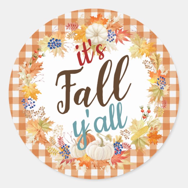 Autumn it's Fall y'all Orange Check Pumpkin Wreath Classic Round Sticker (Front)