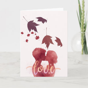 Autumn Kiss Couple Love Card - Watercolor Falling