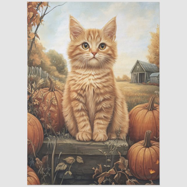 Autumn Kitten with Pumpkins Decoupage Tissue Paper (Front)
