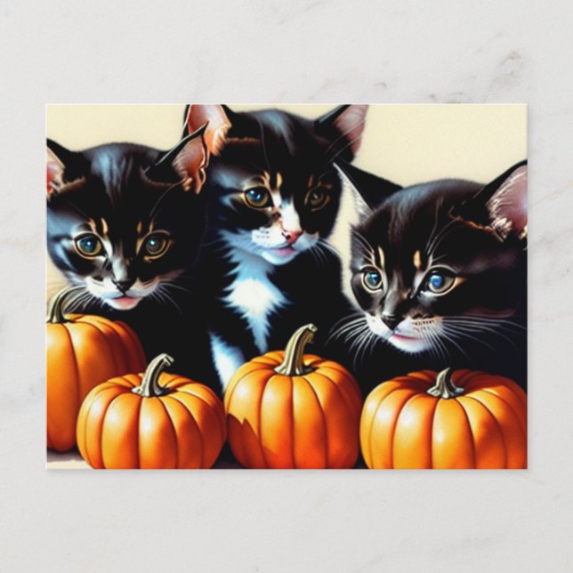 Autumn Kittens with Pumpkins Holiday Postcard (Front)