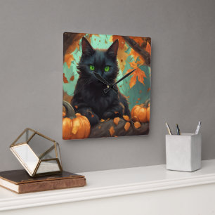 Autumn Kitty Square Wall Clock