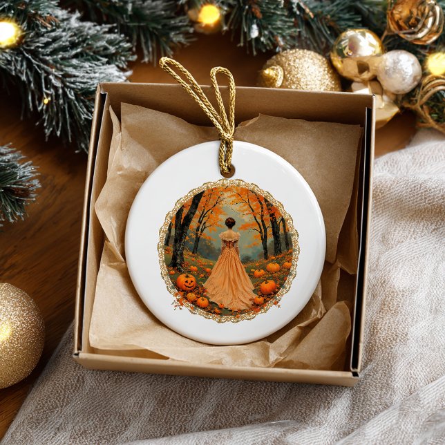 Autumn Lady in Pumpkin Forest Doily Ceramic Tree Decoration (Creator Uploaded)