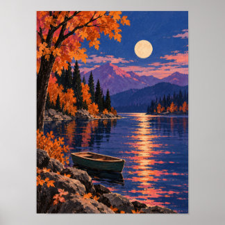 Autumn Lake at Moonlight with Rowboat – Wall Art