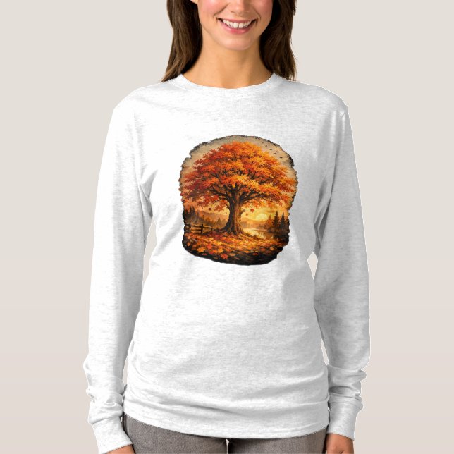 Autumn Lake Glow Tree Scene T-Shirt (Front)