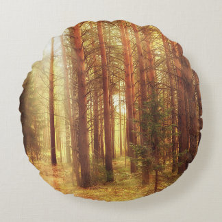 autumn landscape background, sun rays in the fores round cushion