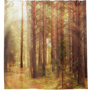 autumn landscape background, sun rays in the fores shower curtain