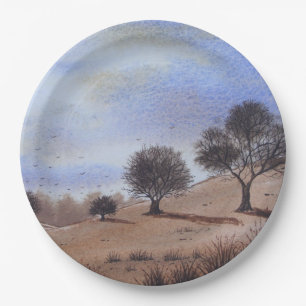 Autumn landscape scenic tree painting paper plate