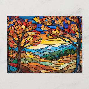 Autumn Landscape Stained Glass Illustration  Postcard