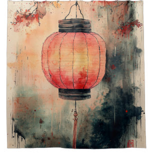 Autumn Lantern Sumi-E Watercolor Shower Curtain