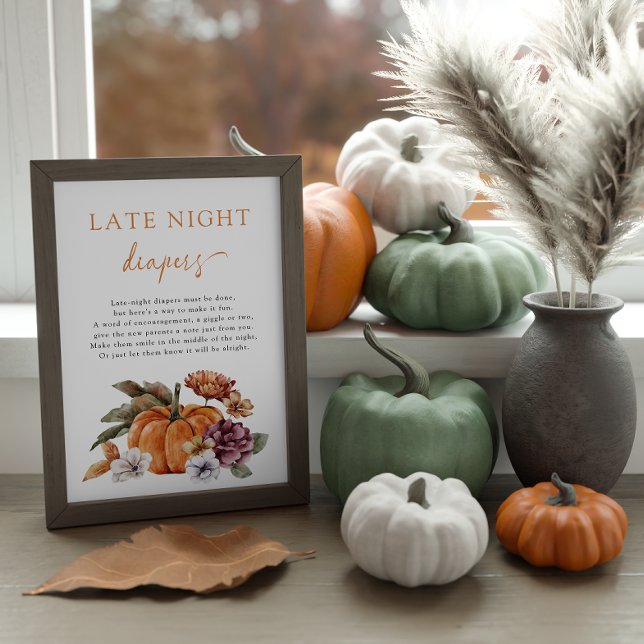 Autumn Late Night Diaper Poster (Late Night Diapers Game Sign Baby Shower Fall Pumpkins)