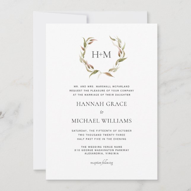 Autumn Laurel Wreath Monogram Wedding Invitation (Front)