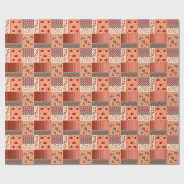 Autumn Leaf Acorn Patchwork Pattern Art Wrapping Paper (Flat)
