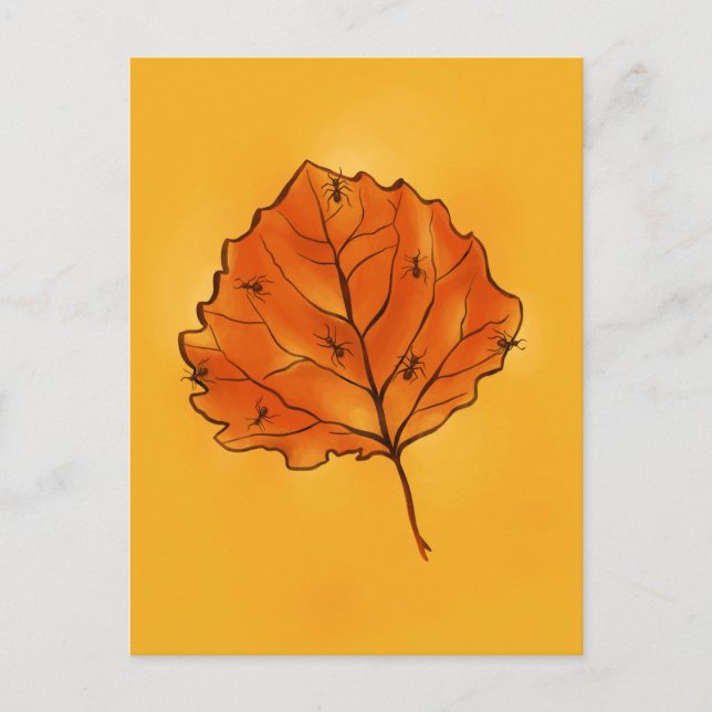 Autumn Leaf And Ants In Yellow Orange Postcard (Front)