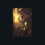 Autumn Leaf Cocoon Girl Golden Glow Canvas Print<br><div class="desc">A young girl with luminous skin and gentle eyes gazes softly forward, her face and shoulders enveloped in an intricate cocoon of dried autumn leaves, thistles, seed pods, and brittle blooms. Golden-red curls merge naturally into the wild organic crown that surrounds her head like a living halo. Dramatic warm golden...</div>