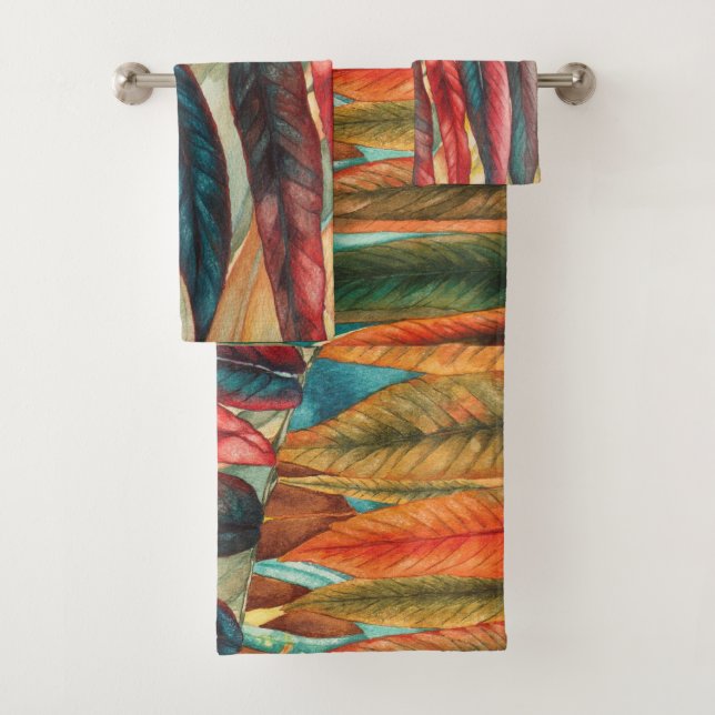 autumn leaf colours original stylised modern bath towel set (Insitu)