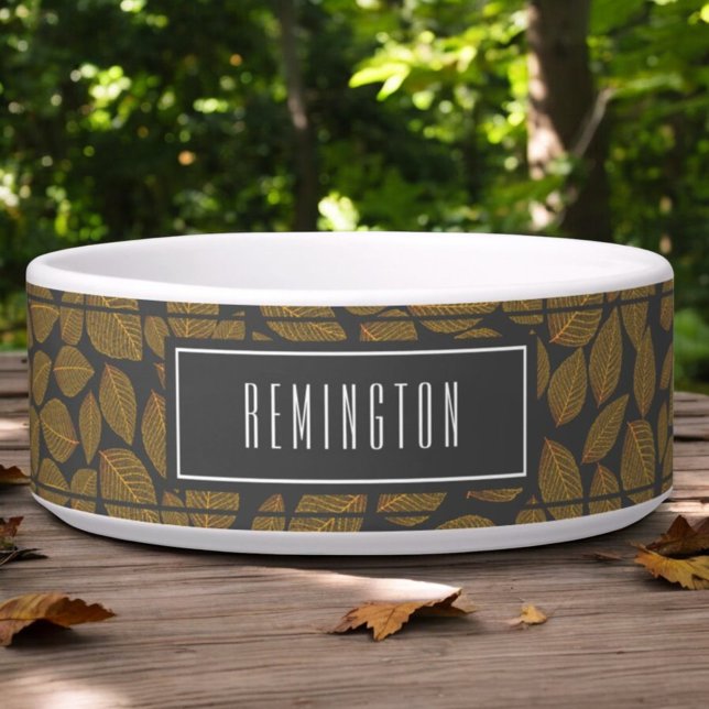 Autumn Leaf Pattern Custom Pet Name Bowl (dog bowl with orange leaf pattern on dark background with template text)