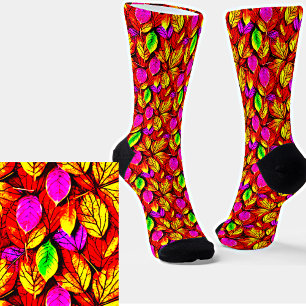 Autumn Leaf Pattern Red Orange Pink Bright Colour  Socks