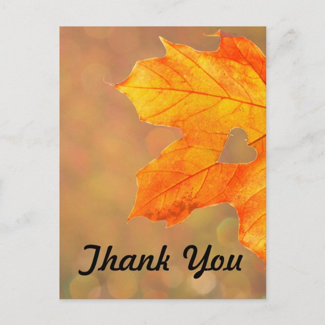Autumn Leaf With Heart  Wedding Thank You Announcement Postcard (Front)