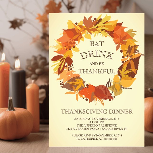 Autumn Leaf Wreath Thanksgiving Dinner Invitation (Creator Uploaded)