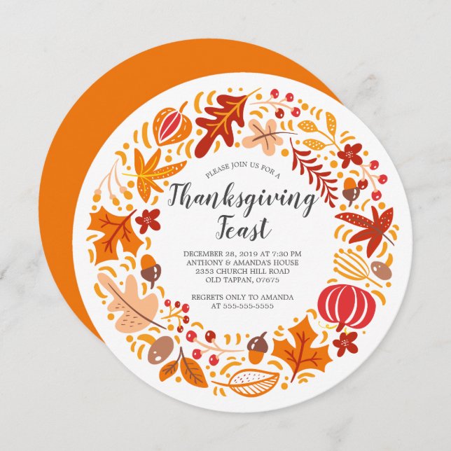 Autumn Leaf Wreath Thanksgiving Invitation (Front/Back)