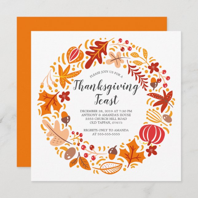 Autumn Leaf Wreath Thanksgiving Invitation (Front/Back)