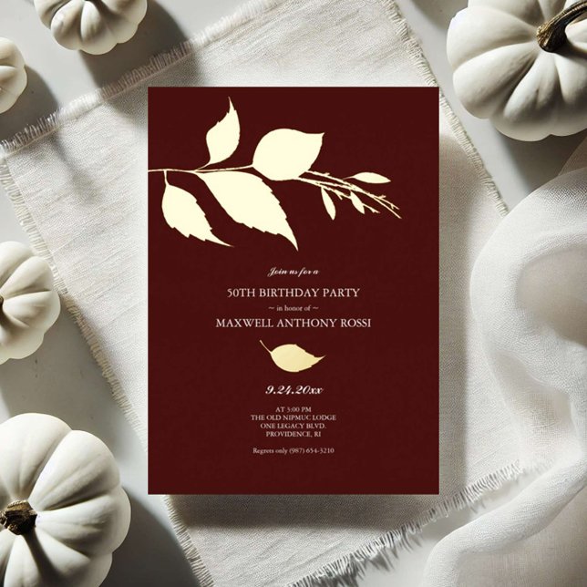 Autumn Leaves 50th Birthday Invitations (50th birthday invitations burgundy and gold foil leaves by Victoria Grigaliunas Do Tell A Belle)