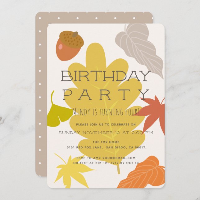 Autumn Leaves & Acorn Birthday Party Invitation (Front/Back)